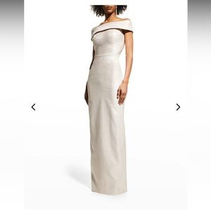 Rickie Freeman For Teri Jon
Off-Shoulder Metallic Column Gown, Rose Gold, Size 8